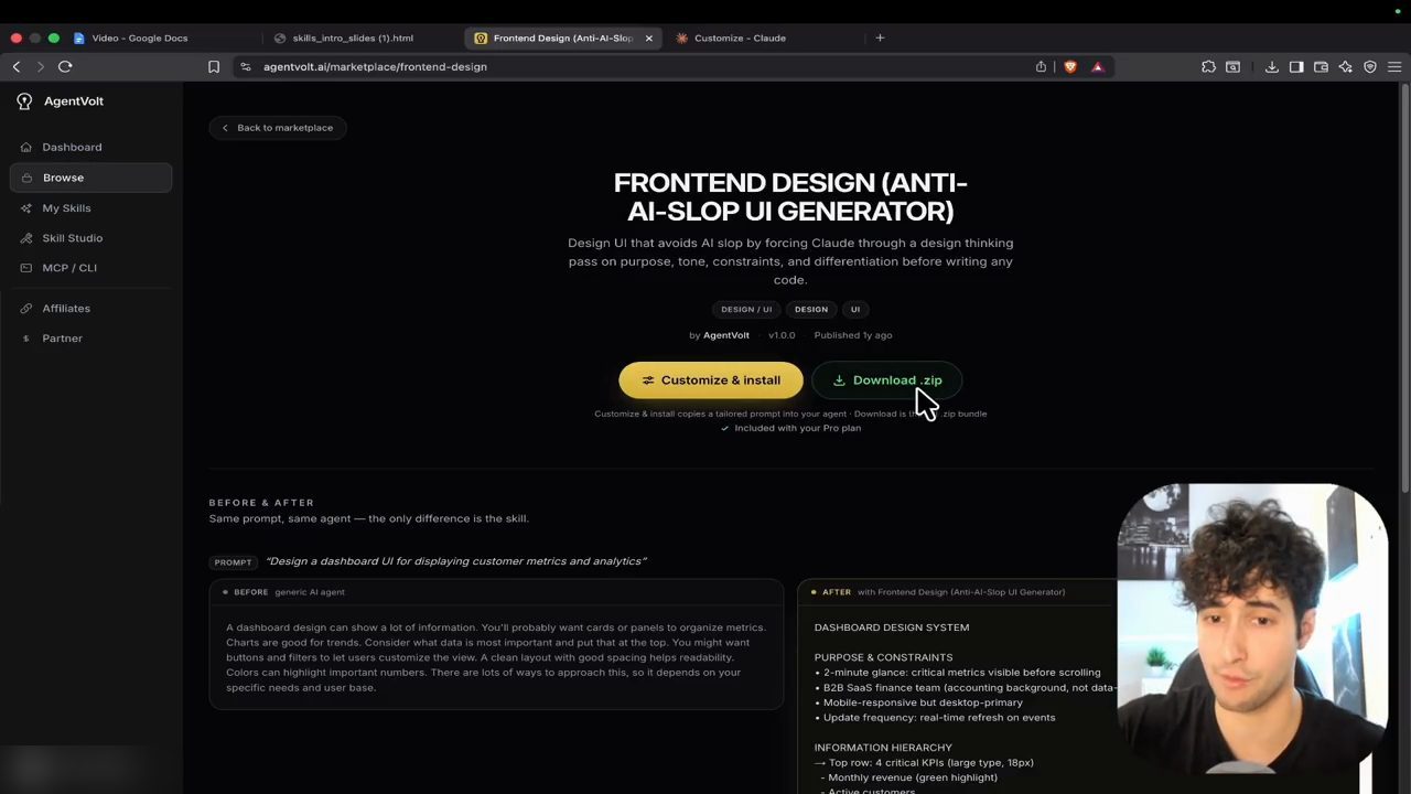 Trang skill Frontend Design (Anti-AI-Slop UI Generator) trên AgentVolt với nút Customize and install và Download zip