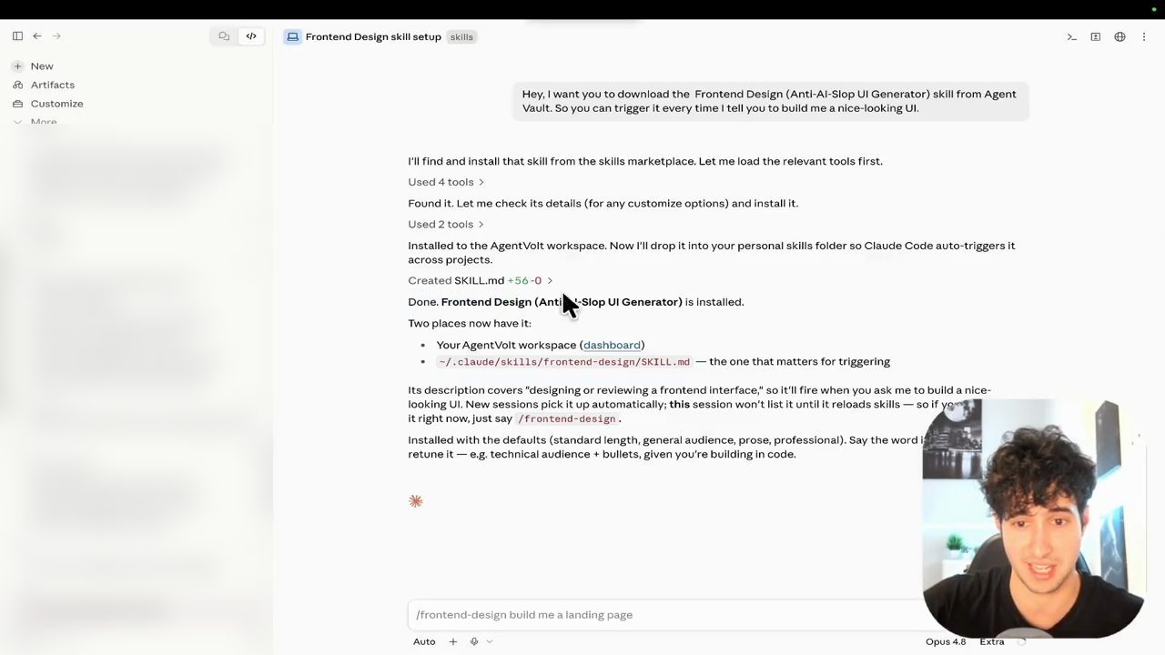 Claude Code báo đã cài skill Frontend Design vào AgentVolt workspace và thư mục skill cá nhân