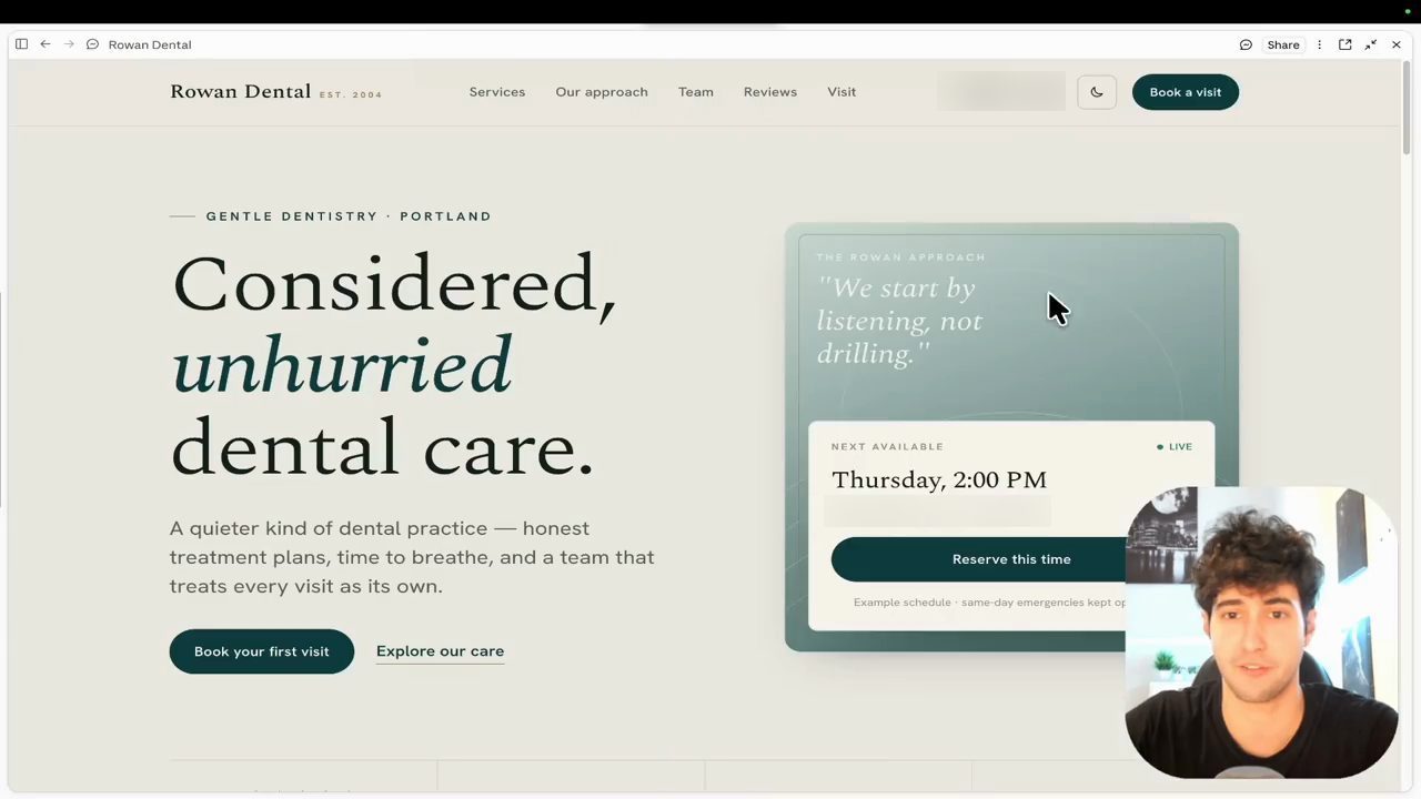 Website Rowan Dental với headline Considered, unhurried dental care và thẻ đặt lịch