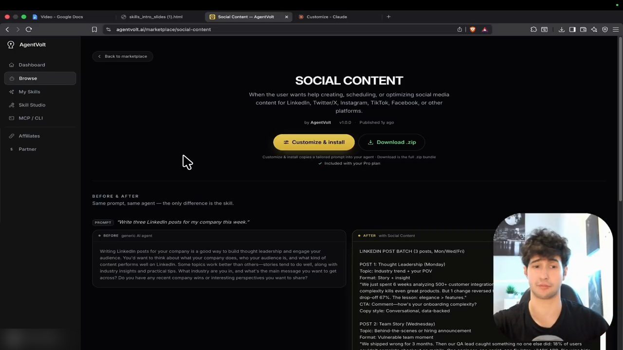 Trang skill Social Content trên AgentVolt với ví dụ Before và After cho prompt viết ba bài LinkedIn