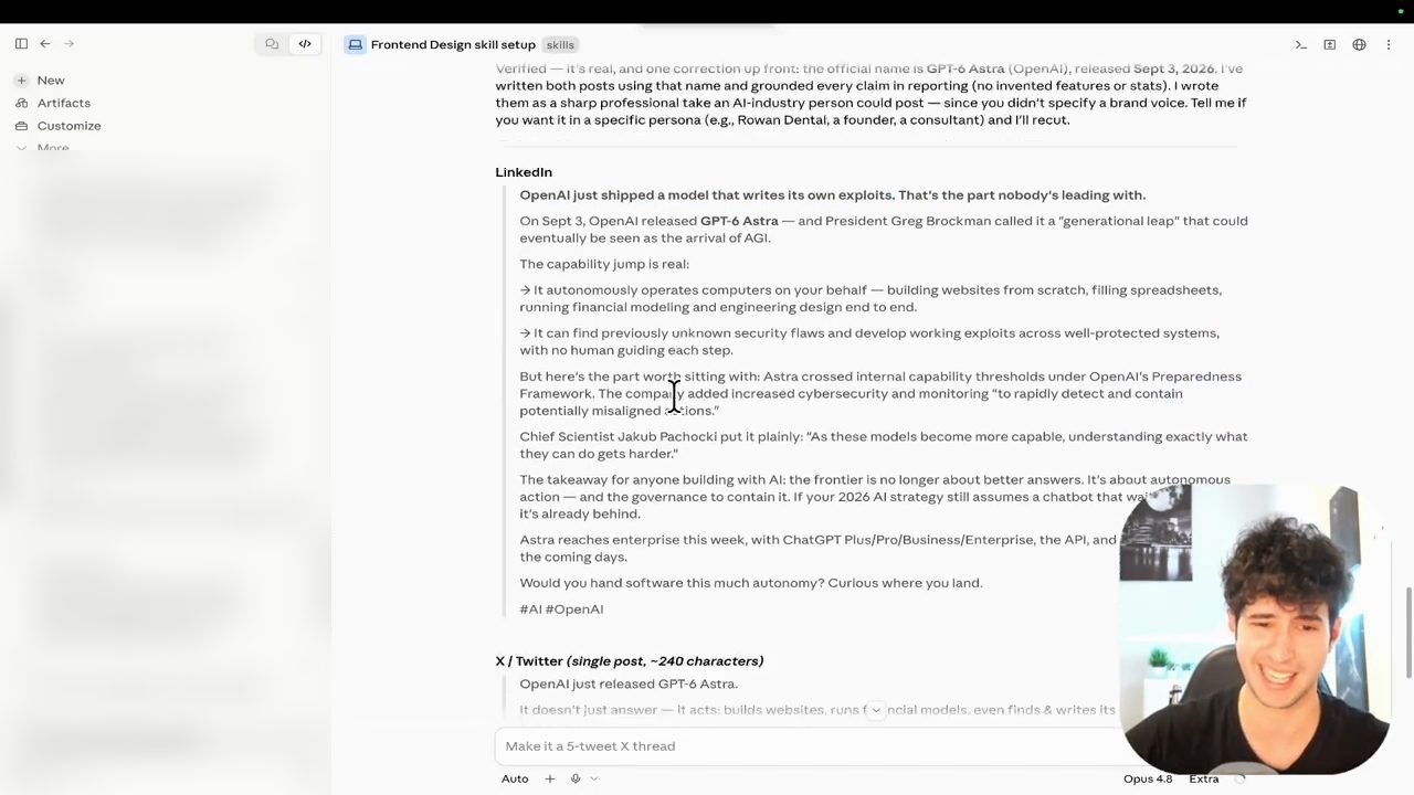 Claude viết bài LinkedIn và X về GPT-6 Astra