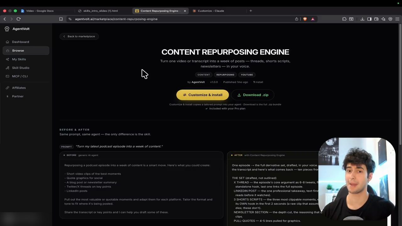 Trang skill Content Repurposing Engine trên AgentVolt
