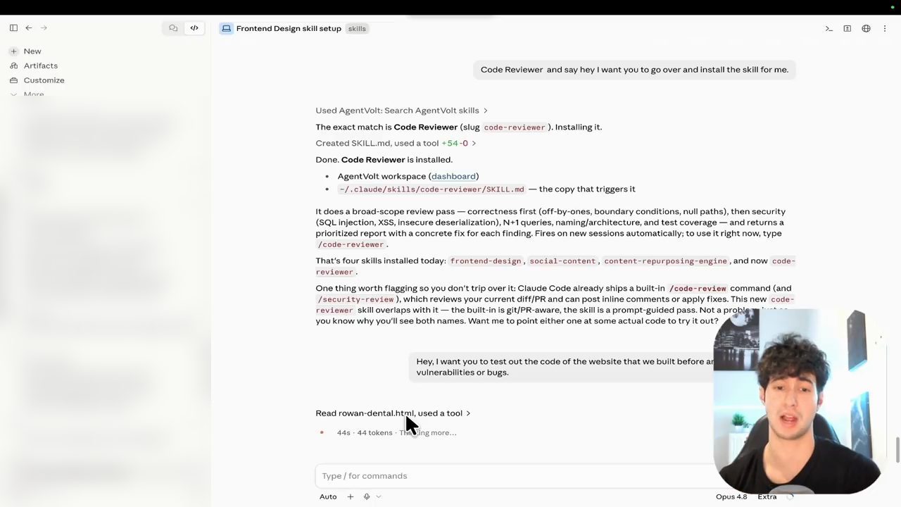 Claude Code cài skill Code Reviewer và Damian gửi prompt kiểm tra code website