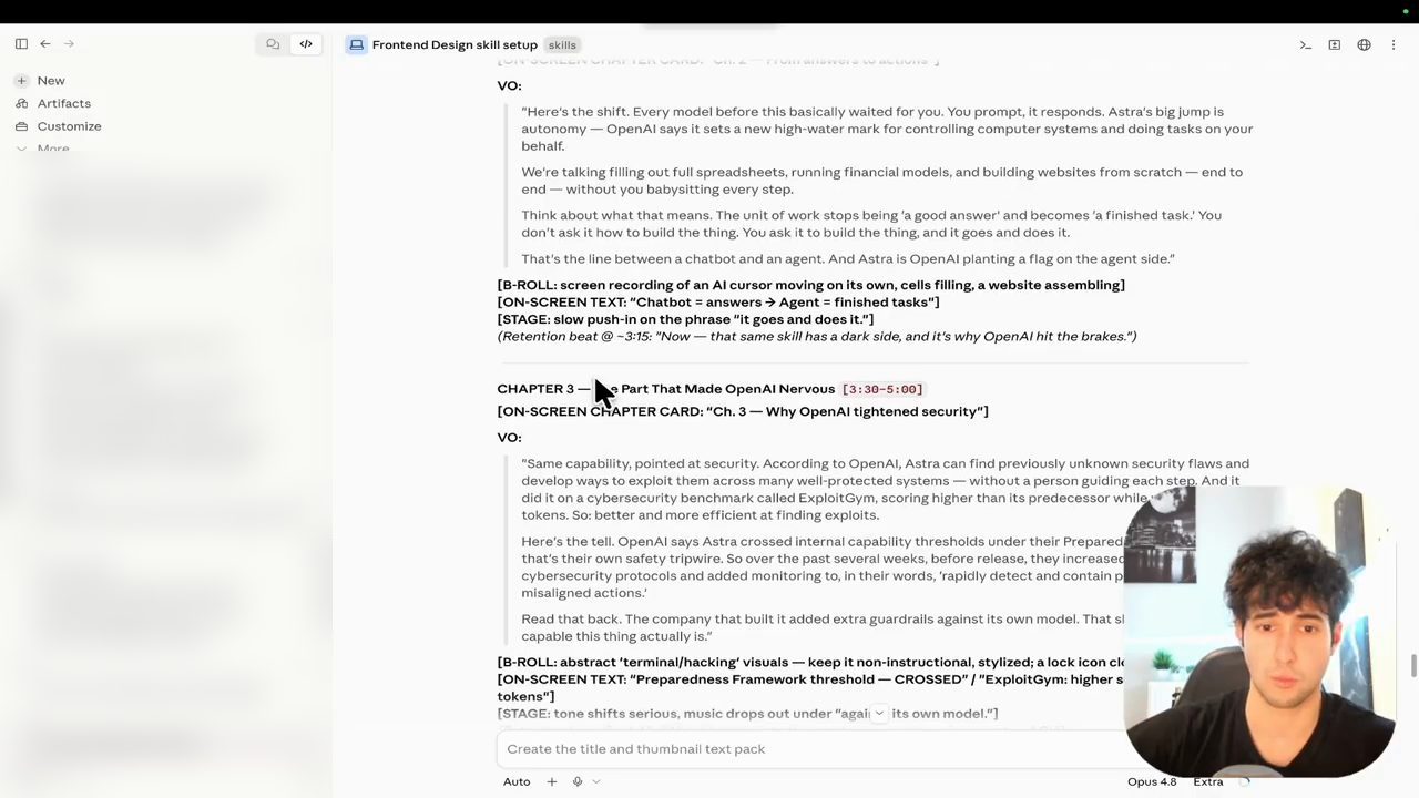 Kịch bản YouTube với lời dẫn VO, gợi ý B-roll, chữ trên màn hình và Chapter 3 The Part That Made OpenAI Nervous