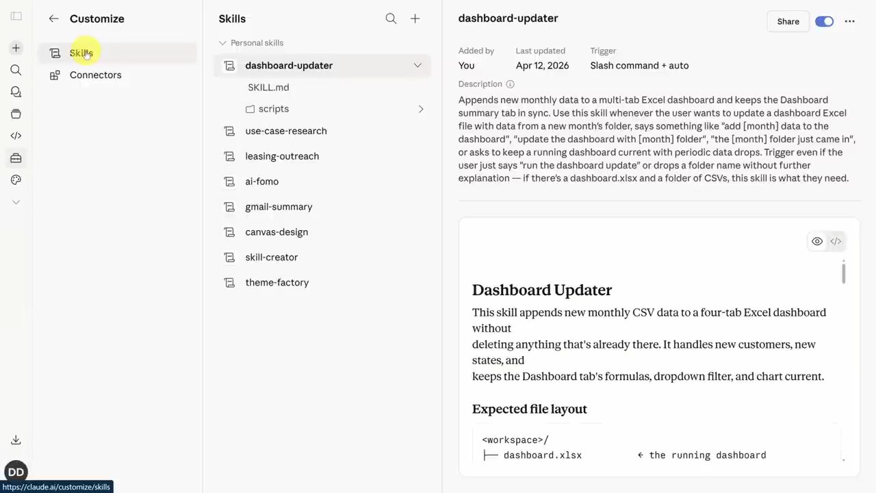 Trang Customize, Skills trên claude.ai với skill dashboard-updater đang mở, gồm SKILL.md và thư mục scripts