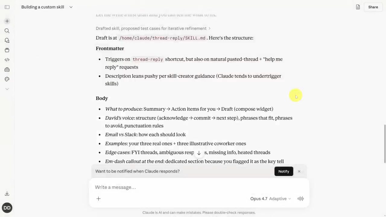 Bản nháp skill thread-reply với phần Frontmatter và Body