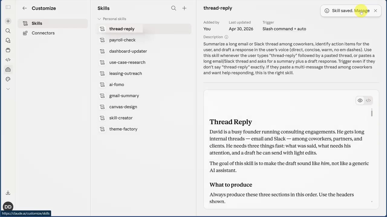 Skill thread-reply mới lưu xuất hiện đầu danh sách Personal skills, kèm description và prompt