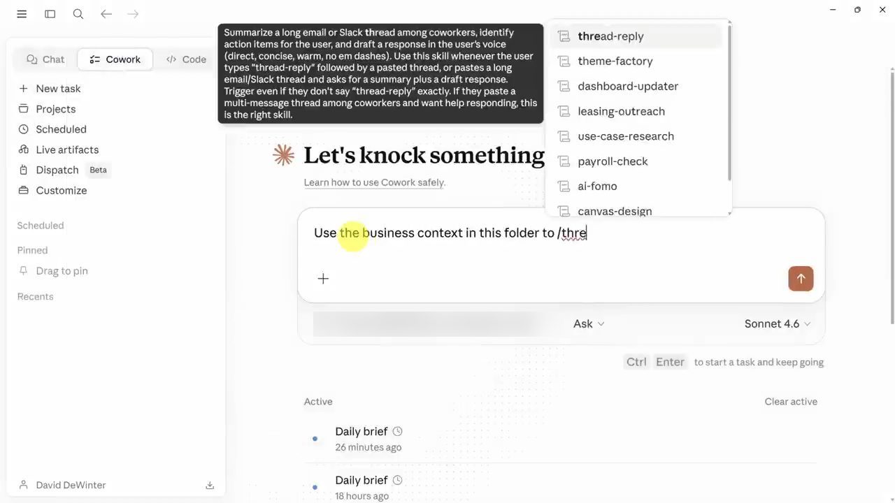 Ô nhập của Cowork với chữ Use the business context in this folder to /thre và danh sách autocomplete các skill