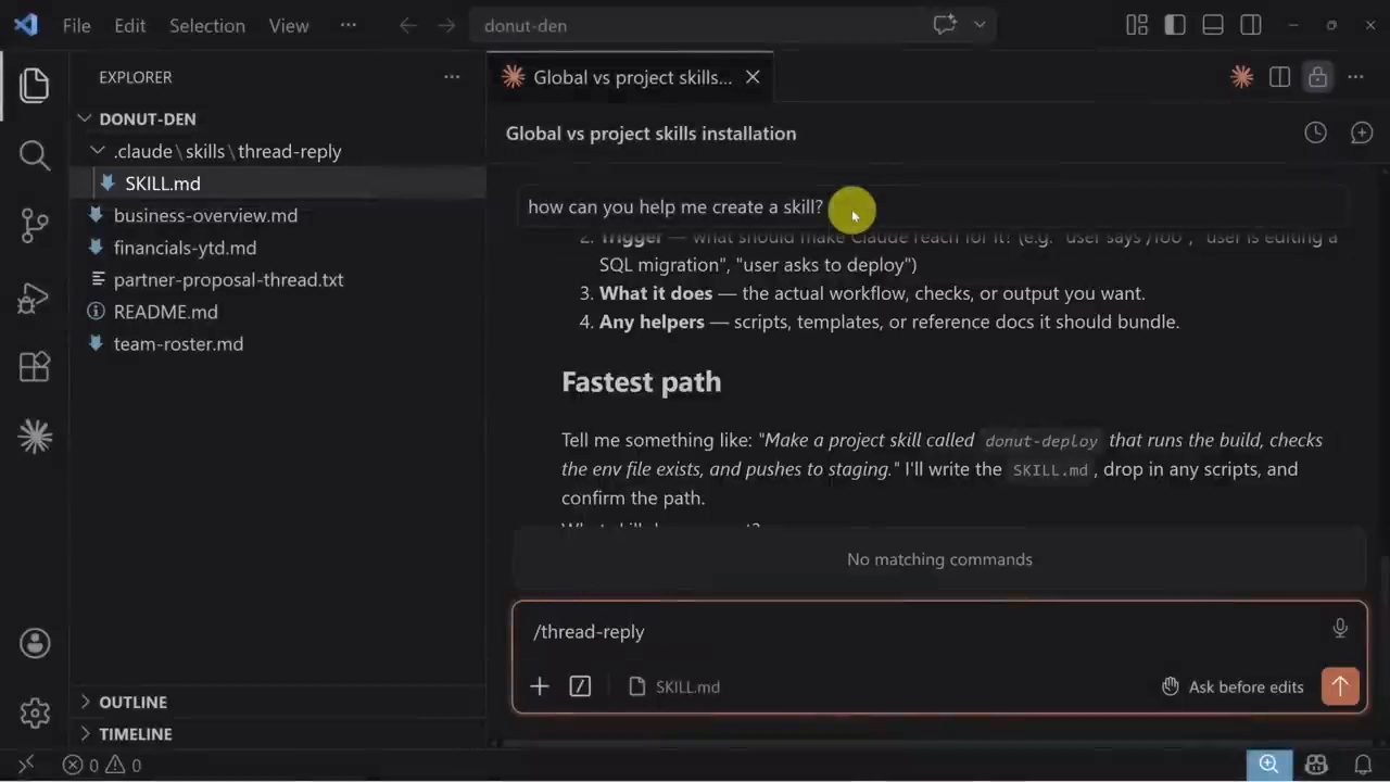 VS Code với Claude Code, thư mục .claude/skills/thread-reply/SKILL.md ở bên trái và lệnh /thread-reply trong ô nhập