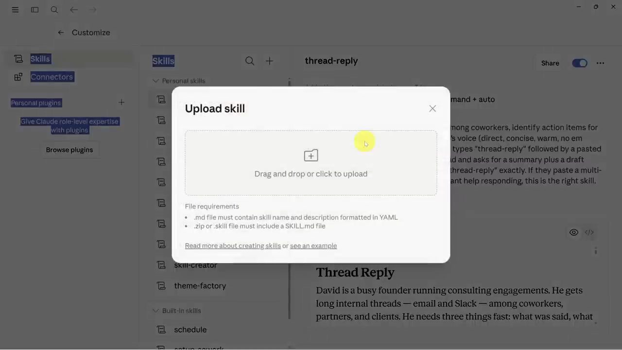 Hộp thoại Upload skill với vùng kéo thả và yêu cầu về file