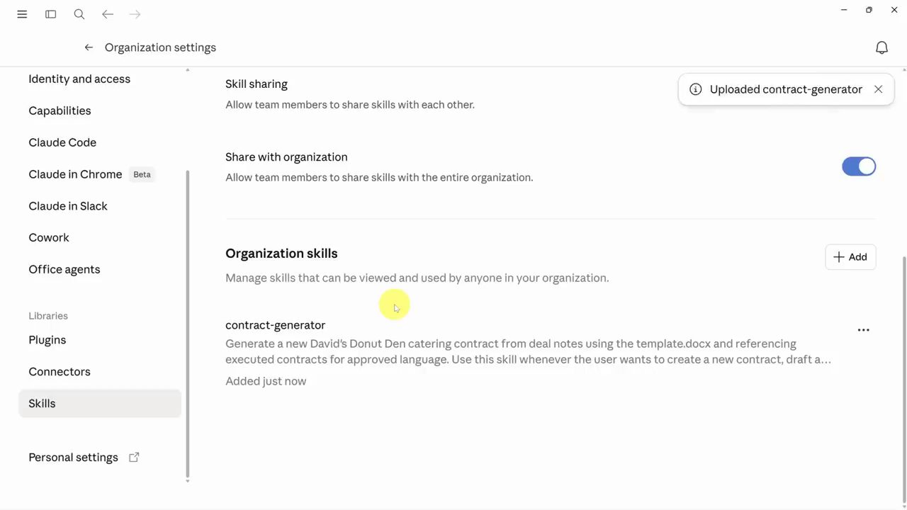 Organization settings, mục Skills, phần Organization skills có skill contract-generator vừa upload