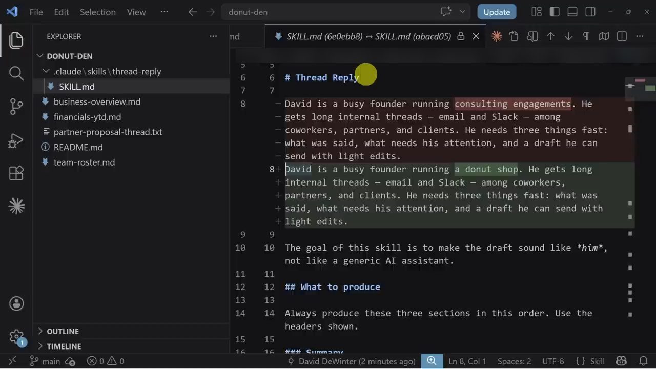 VS Code hiển thị diff của SKILL.md trong skill thread-reply giữa hai commit