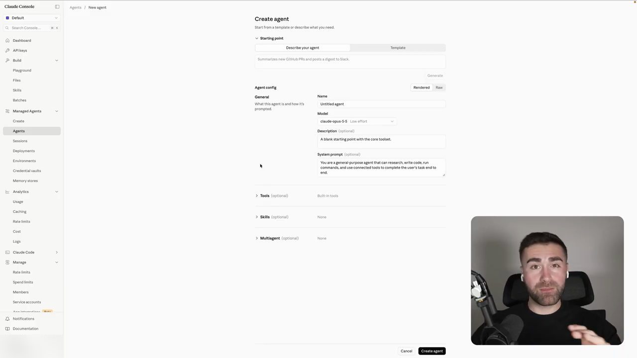 Form Create agent trên Claude Console với các ô Name, Model, Description, System prompt
