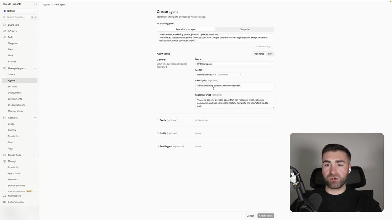 Ô Describe your agent đã dán bộ hướng dẫn, nút Generate đang chạy