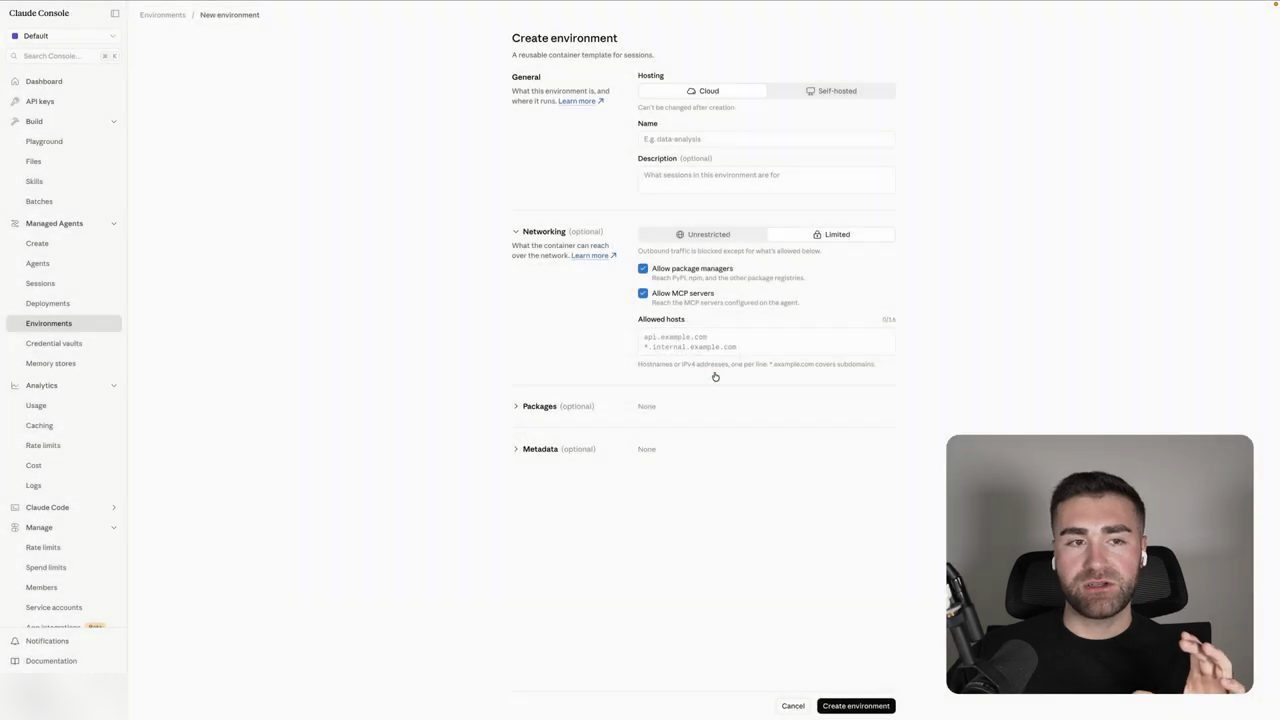 Form Create environment với Hosting Cloud hoặc Self-hosted, Name, Description, Networking Unrestricted hoặc Limited