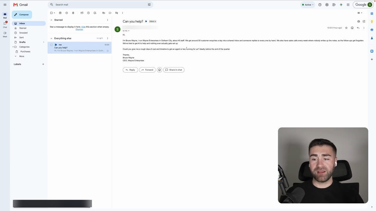 Email thử trong Gmail demo với tiêu đề Can you help? từ Bruce Wayne