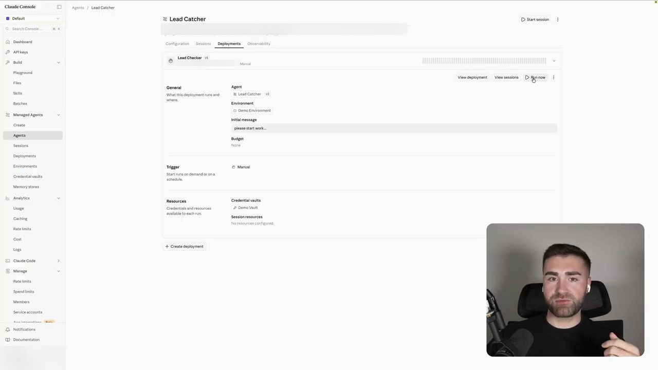 Tab Deployments của agent Lead Catcher với deployment Lead Checker