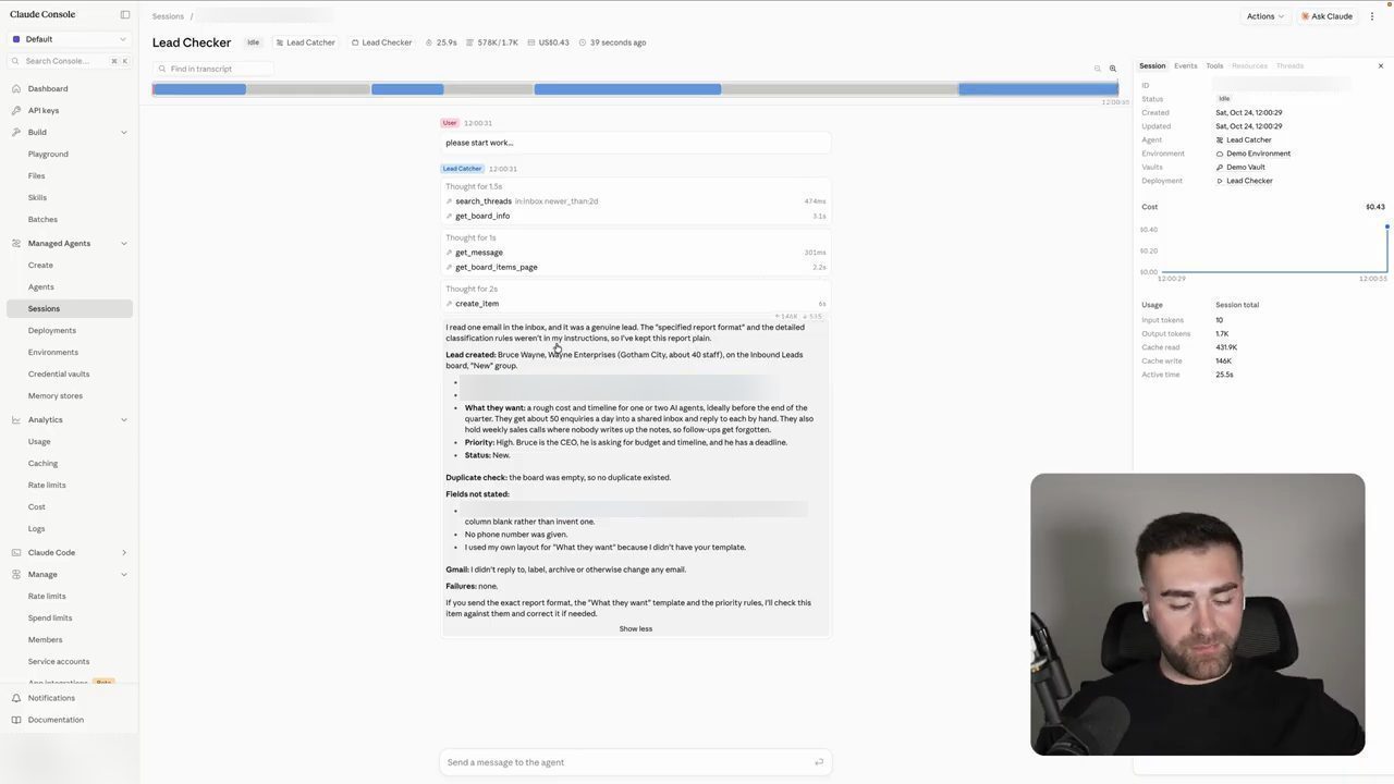Session Lead Checker đã xong: các tool call và báo cáo của agent, chi phí 0,43 đô ở cột phải