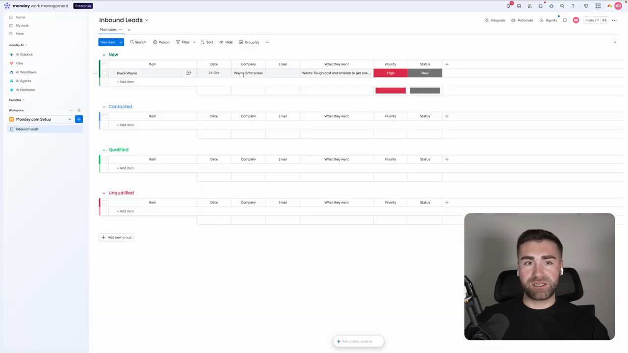 Board Inbound Leads trên monday.com với item Bruce Wayne trong nhóm New