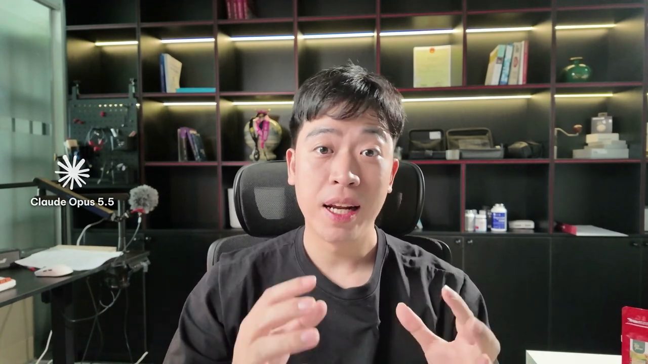 Thanh Trần ngồi trong phòng làm việc, góc trái có logo và chữ Claude Opus 5.5