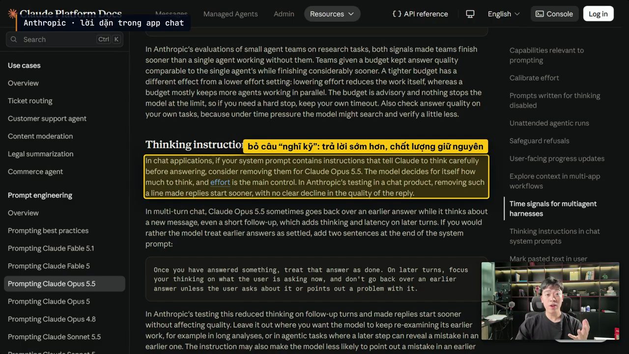 Đoạn Thinking instructions in chat system prompts trong tài liệu của Anthropic, có đoạn được tô sáng