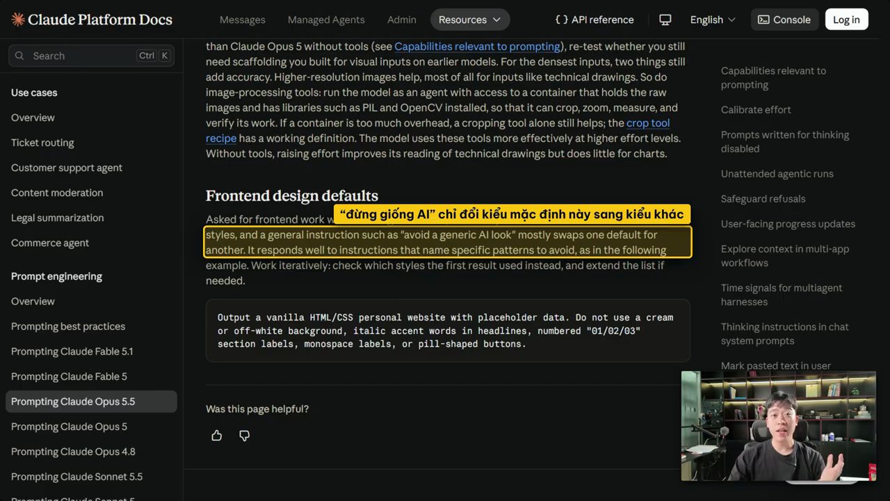 Mục Frontend design defaults trong tài liệu của Anthropic, có đoạn được tô sáng và một prompt mẫu