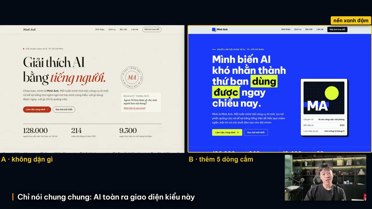 Hai trang web giới thiệu: bên trái nền kem chữ nghiêng, bên phải nền xanh đậm chữ dày góc vuông