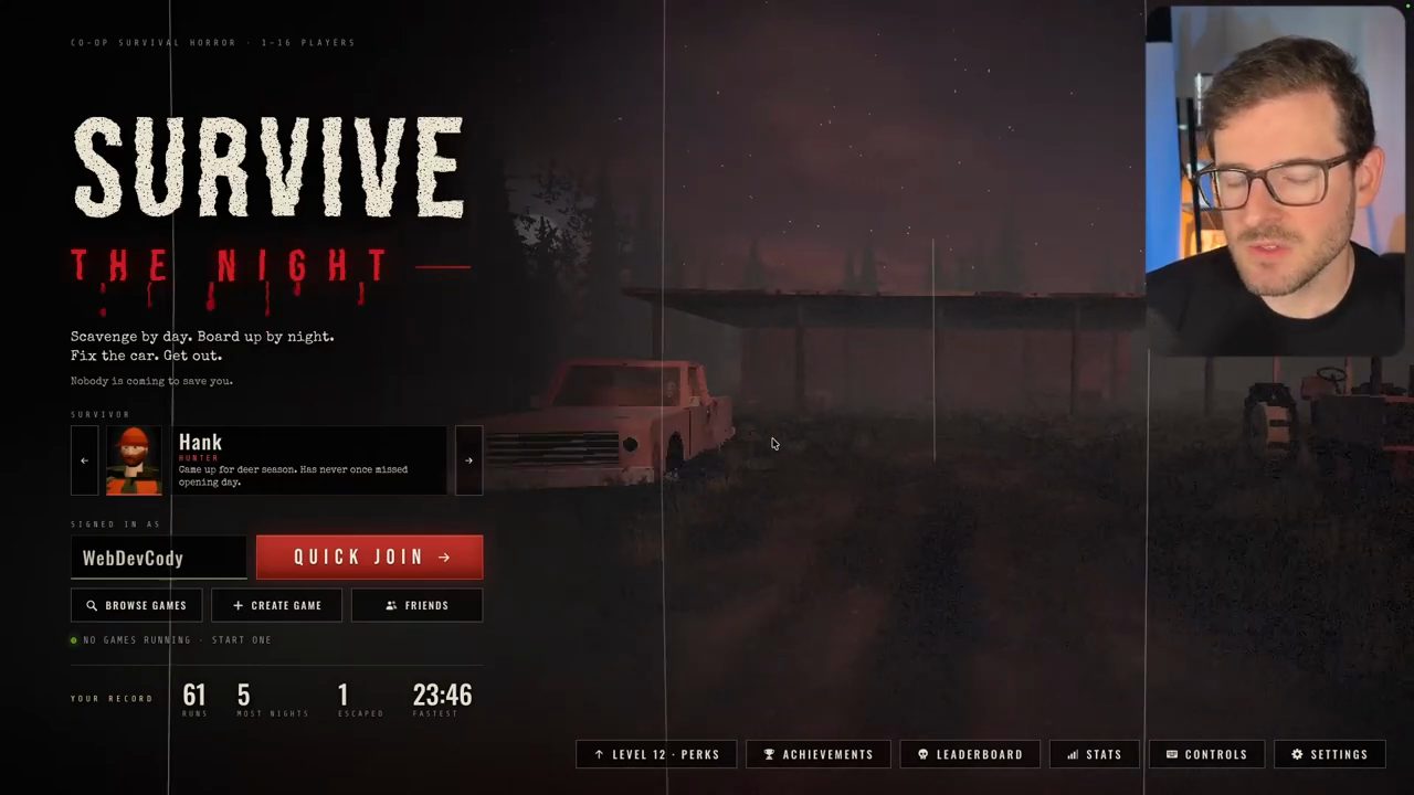 Splash screen của Survive the Night: chữ SURVIVE THE NIGHT, khung chọn survivor Hank, nút Quick Join và hàng nút Perks, Achievements, Leaderboard ở dưới