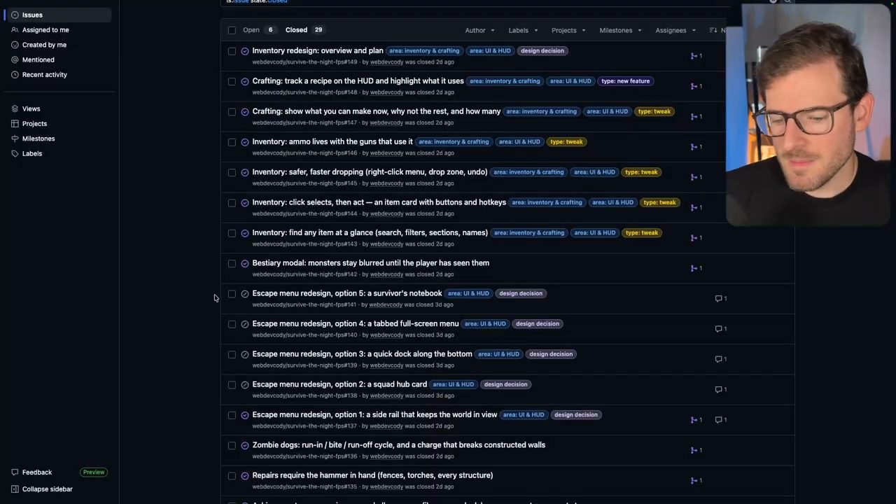 Danh sách issue đã đóng trên GitHub của repo survive-the-night-fps, trong đó có năm issue Escape menu redesign option 1 đến option 5