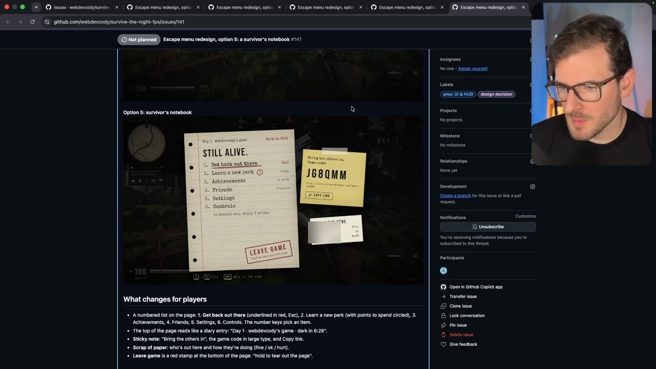 Issue option 5: một trang sổ tay STILL ALIVE với danh sách đánh số, một tờ giấy note vàng chứa game code và một mảnh giấy WHO'S OUT HERE