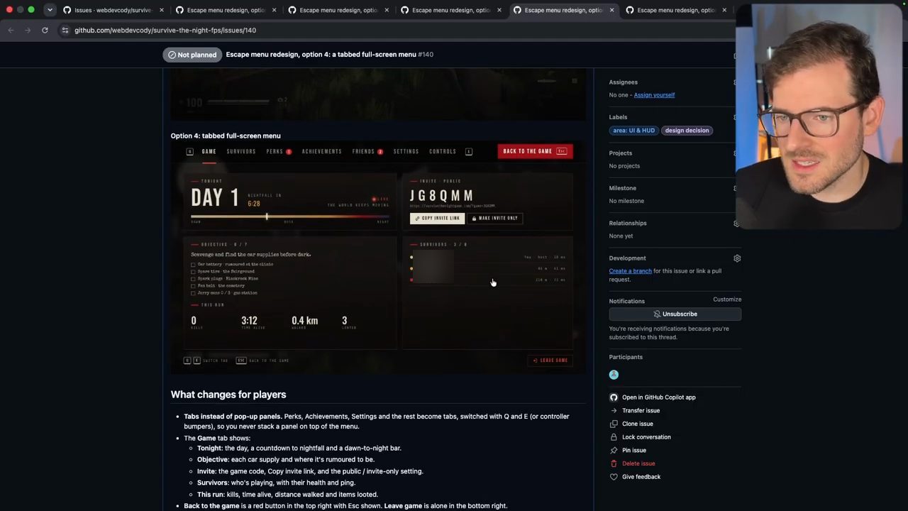 Issue option 4: menu toàn màn hình với hàng tab Game, Survivors, Perks, Achievements, Friends, Settings, Controls và các ô Tonight, Objective, Invite, Survivors, This run