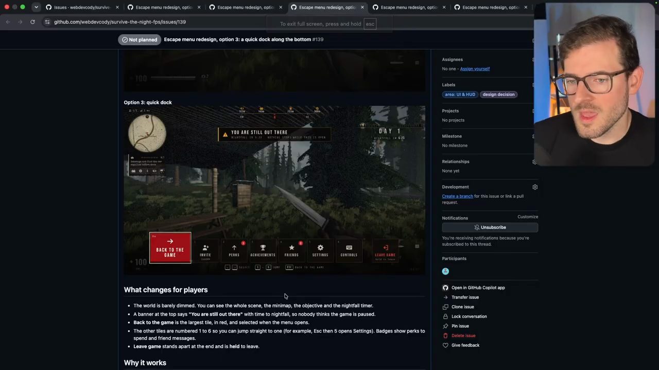 Issue option 3: cảnh game gần như không bị che, banner You are still out there ở trên và một hàng ô Back to the game, Invite, Perks, Achievements, Friends, Settings, Controls, Leave game ở dưới