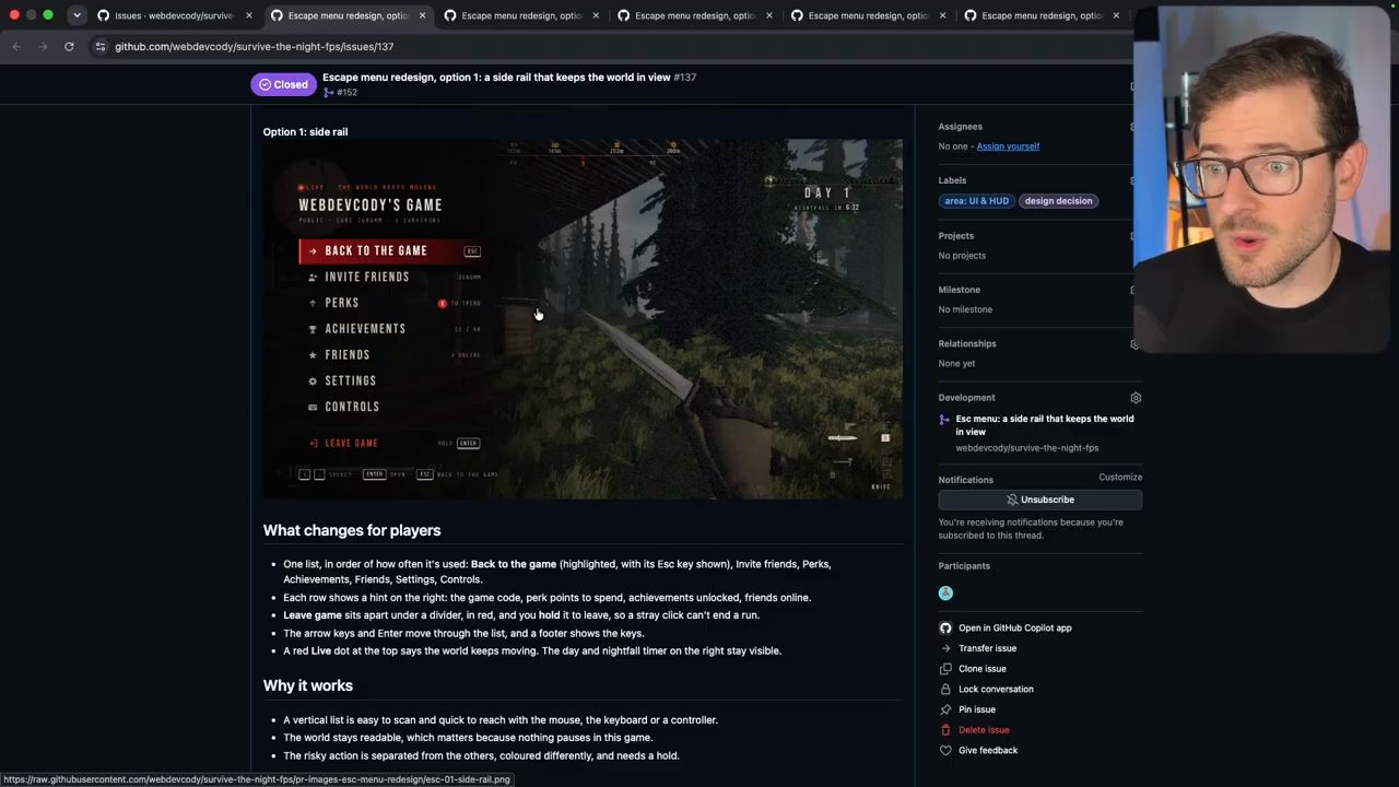 Issue option 1 đã đóng: menu dọc bên trái với Back to the game, Invite friends, Perks, Achievements, Friends, Settings, Controls, Leave game, bên phải vẫn thấy rừng và con dao