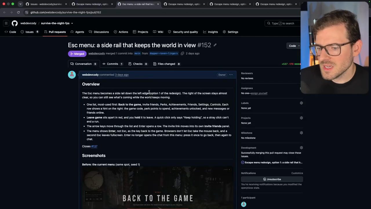 Pull request #152 Esc menu: a side rail that keeps the world in view, trạng thái Merged, phần Overview và mục Screenshots với ảnh Before