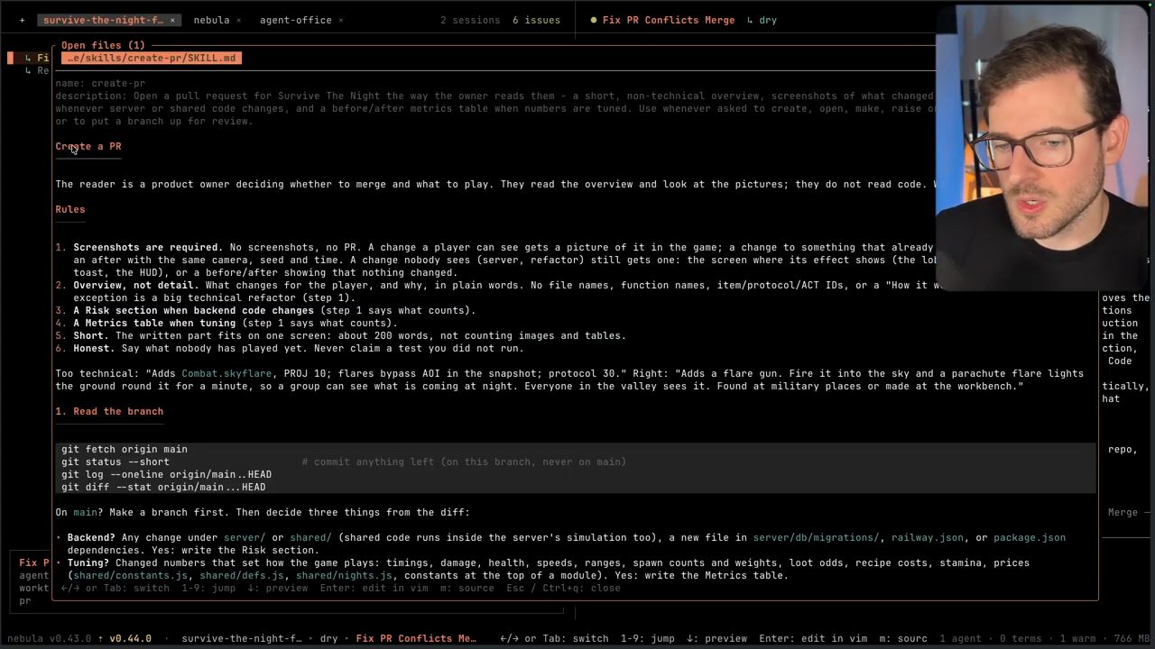 File SKILL.md của skill create-pr mở trong Nebula, với phần Rules đánh số từ Screenshots are required tới Honest và bước 1 Read the branch