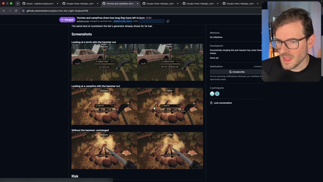 Pull request #199 Torches and campfires show how long they have left to burn, mục Screenshots với ảnh Before và After cho torch, campfire và trường hợp không cầm búa