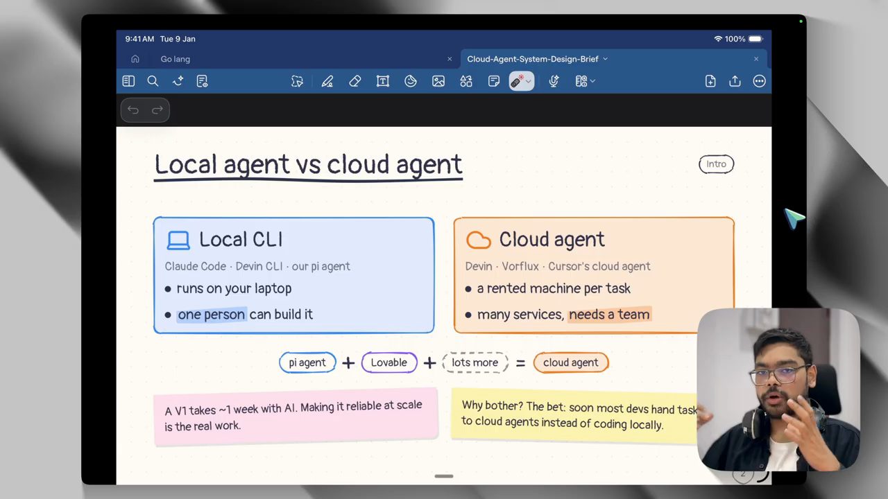 Slide Local agent vs cloud agent, công thức pi agent cộng Lovable cộng lots more bằng cloud agent