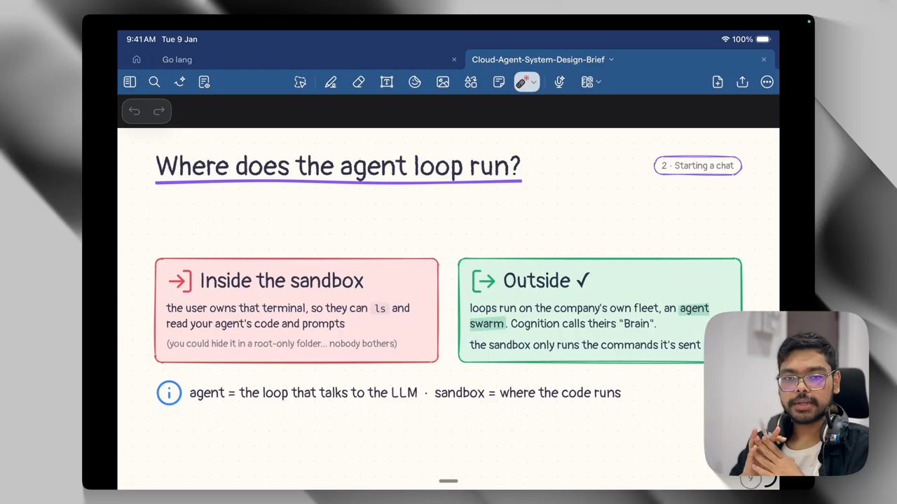 Slide Where does the agent loop run, hai ô Inside the sandbox và Outside