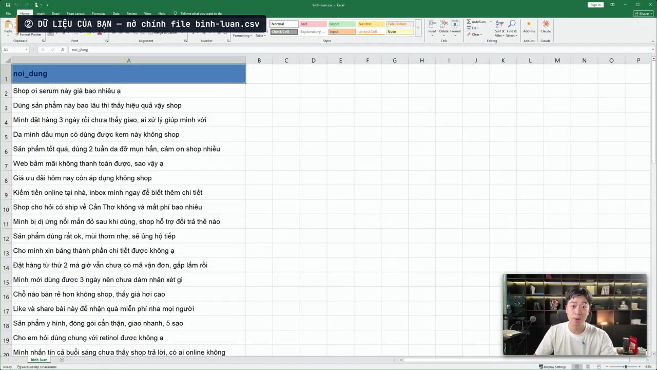 File binh-luan.csv mở trong Excel, cột noi_dung chứa các bình luận khách hàng