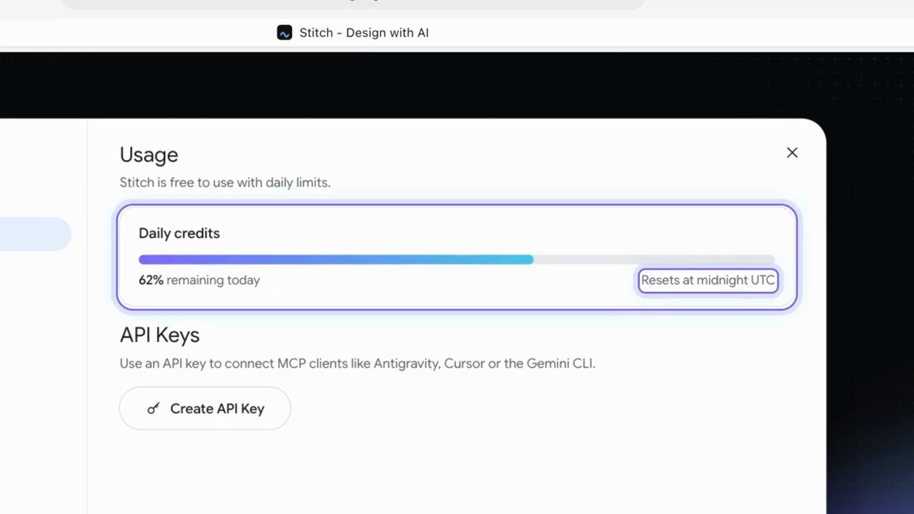 Hộp thoại Usage của Stitch với thanh Daily credits và mục API Keys