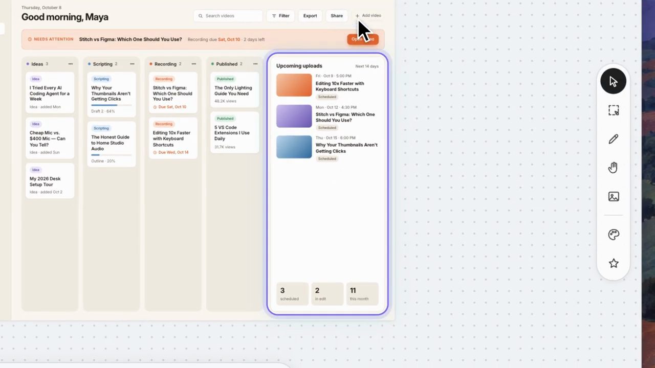 Dashboard FrameDesk đầu tiên với board bốn cột và panel Upcoming uploads