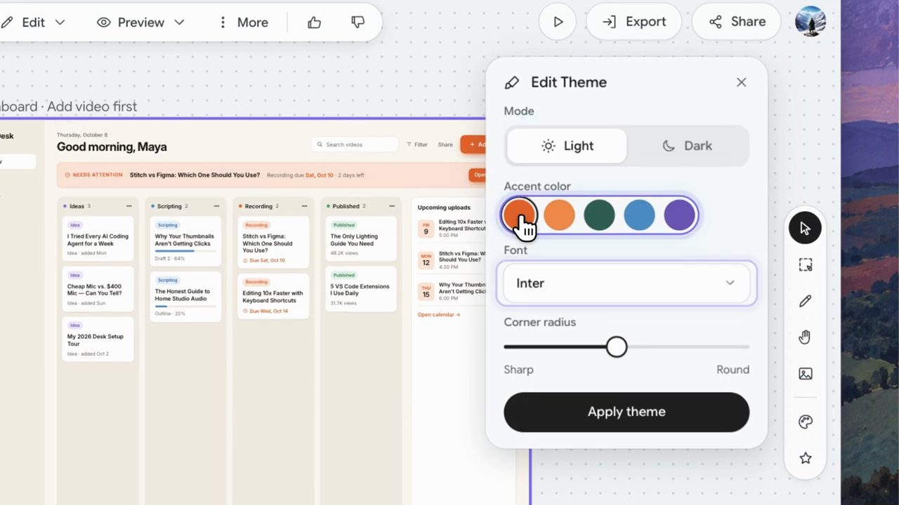 Bảng Edit Theme với Mode Light và Dark, năm màu accent, font Inter và thanh Corner radius