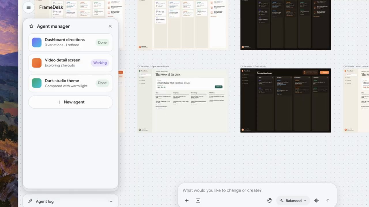 Bảng Agent manager với ba việc và các variation của dashboard trên canvas