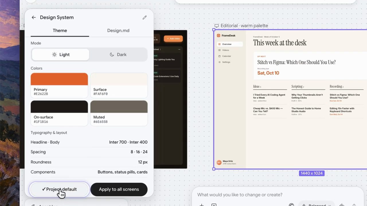 Design System panel với tab Theme, bốn màu và các thông số typography, nút Project default và Apply to all screens