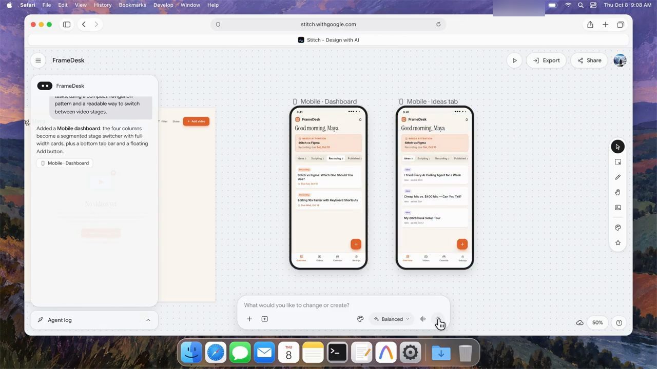Hai màn mobile của FrameDesk: Mobile Dashboard và Mobile Ideas tab