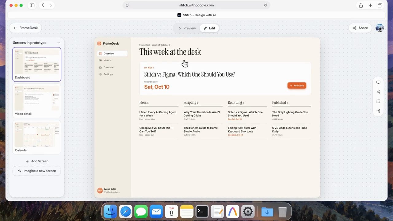 Chế độ prototype của Stitch với danh sách Screens in prototype và màn Dashboard FrameDesk
