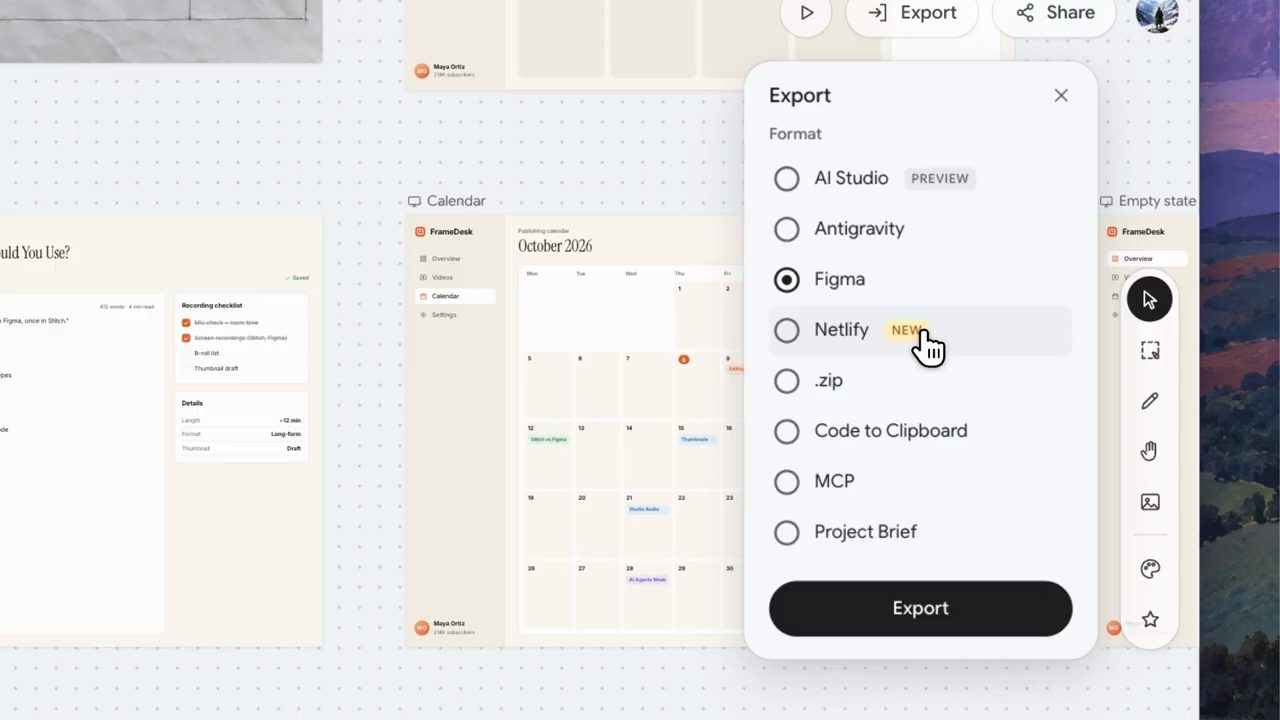 Hộp thoại Export của Stitch với các định dạng AI Studio, Antigravity, Figma, Netlify, .zip, Code to Clipboard, MCP, Project Brief