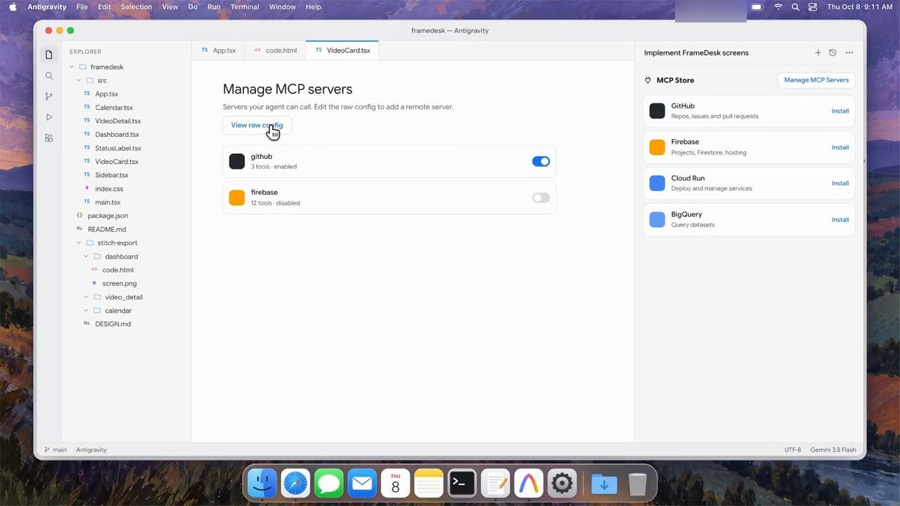 Trang Manage MCP servers trong Antigravity với nút View raw config và project framedesk