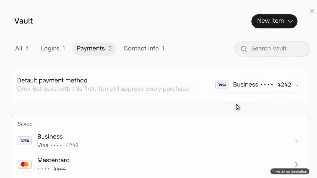 Màn hình Vault, tab Payments, Default payment method là thẻ Business Visa
