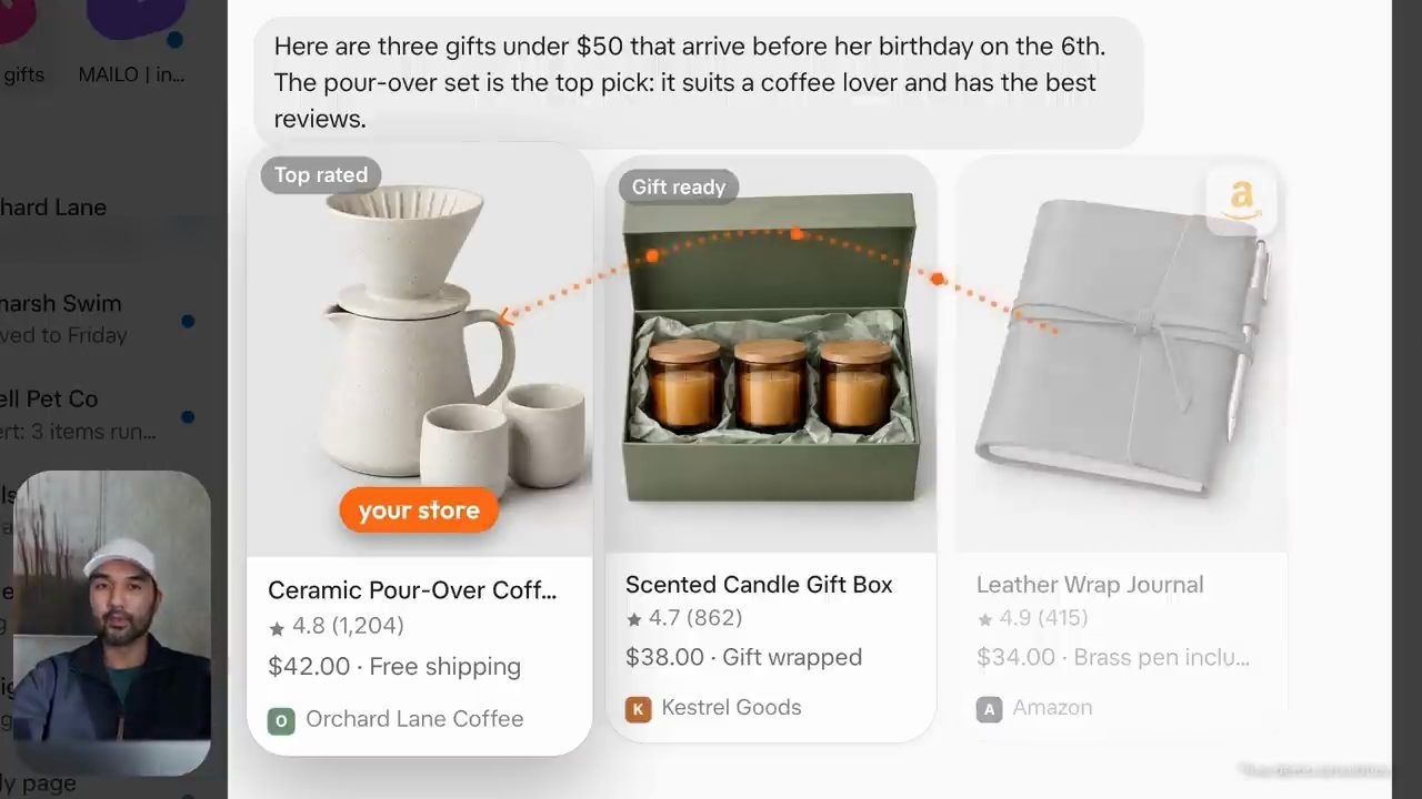 Ba thẻ sản phẩm trong chat Grok Bot: bộ pour-over, hộp nến thơm và cuốn sổ bọc da